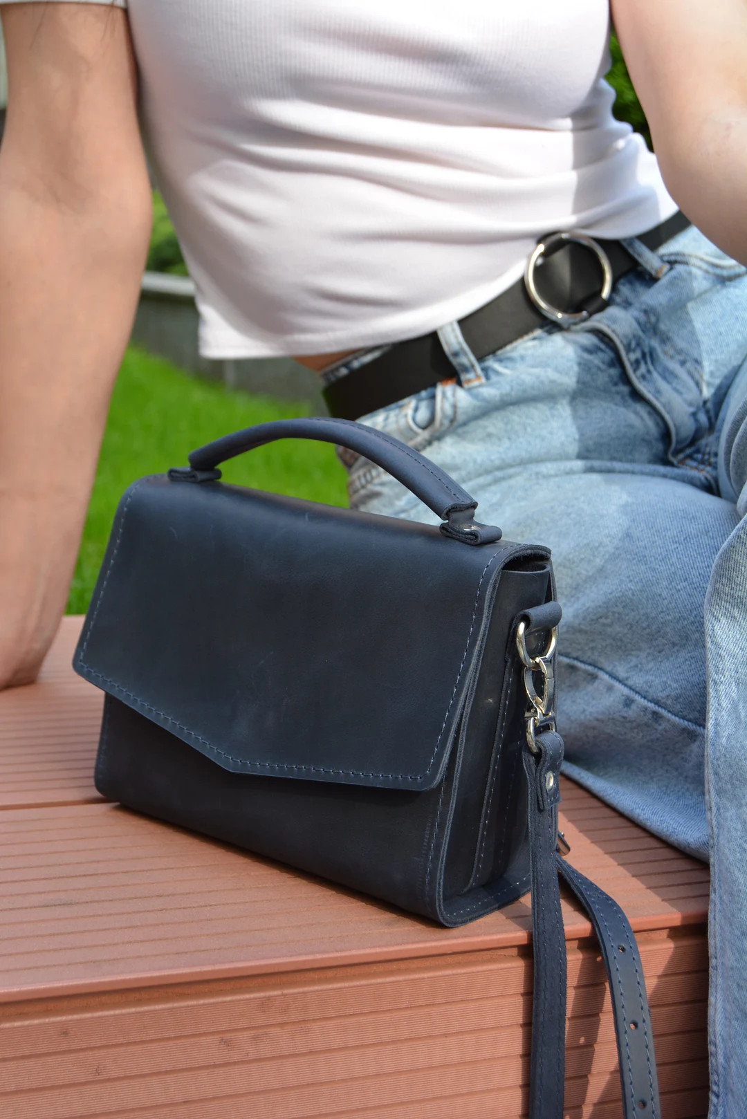 Leather Small Navy Blue Color Women Cross Body Bag With Adjustable Strap, Personalized Gift, Gift... | Etsy (US)