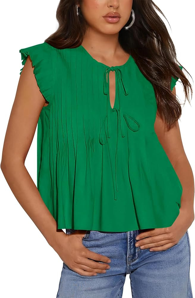 BTFBM Women Summer Casual Shirt 2025 Resort Outfits Ruffle Cap Sleeve Front Bow Tie Tops Loose Fl... | Amazon (US)