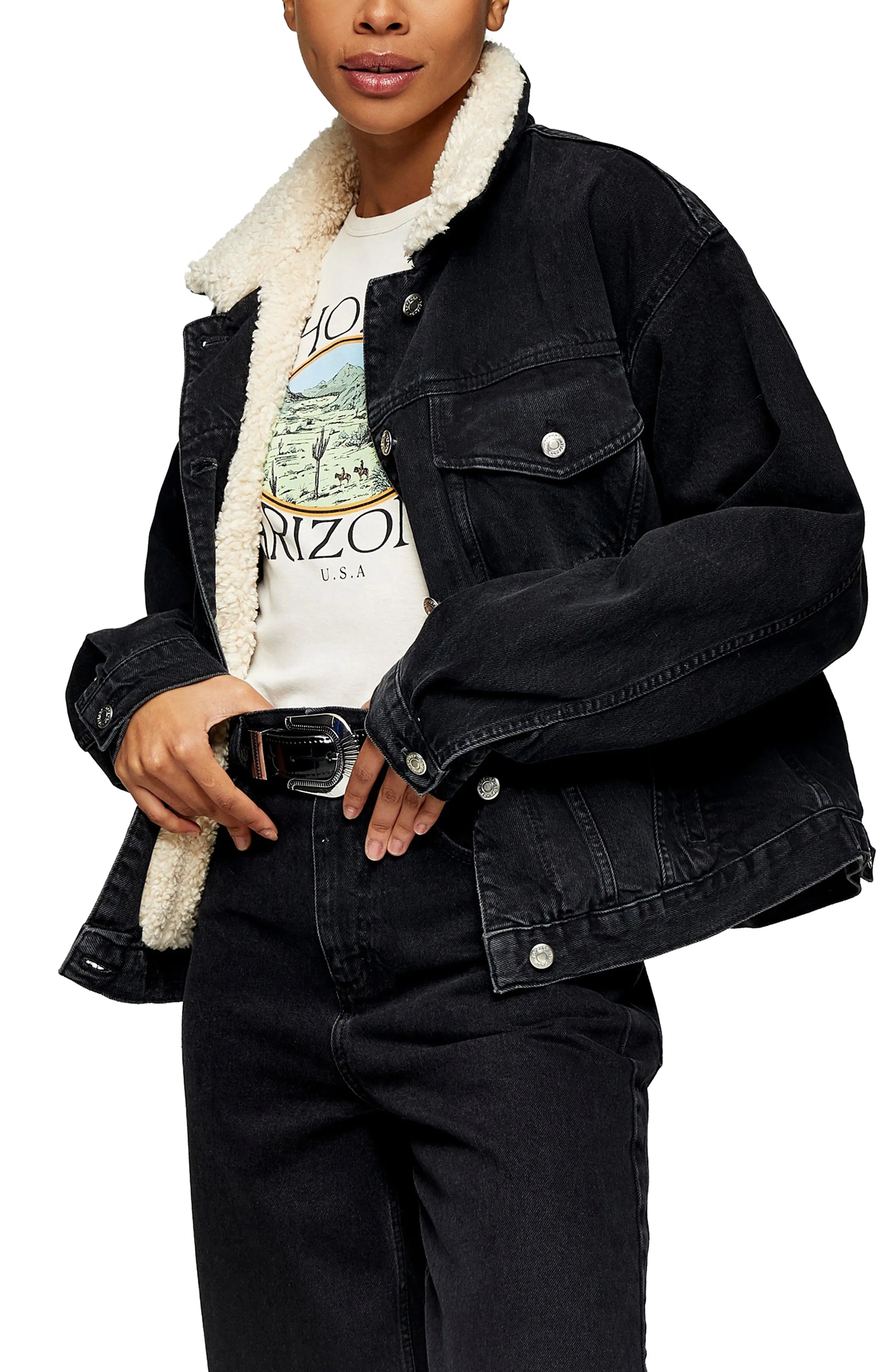 Women's Topshop Faux Shearling Trim Denim Jacket, Size 8 US - Black | Nordstrom