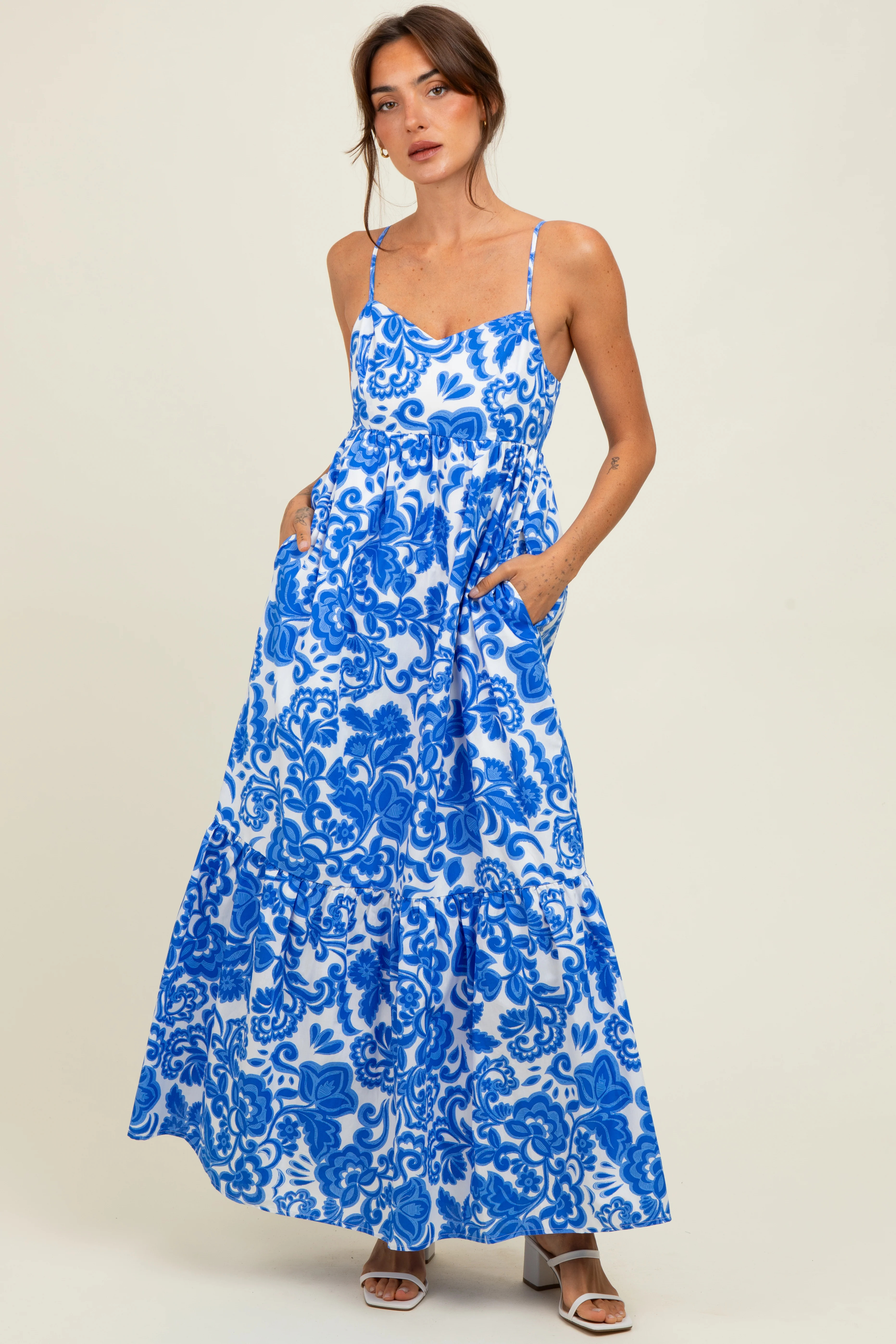 Blue Floral Flowy Ruffle Hem Maxi Dress | PinkBlush Maternity