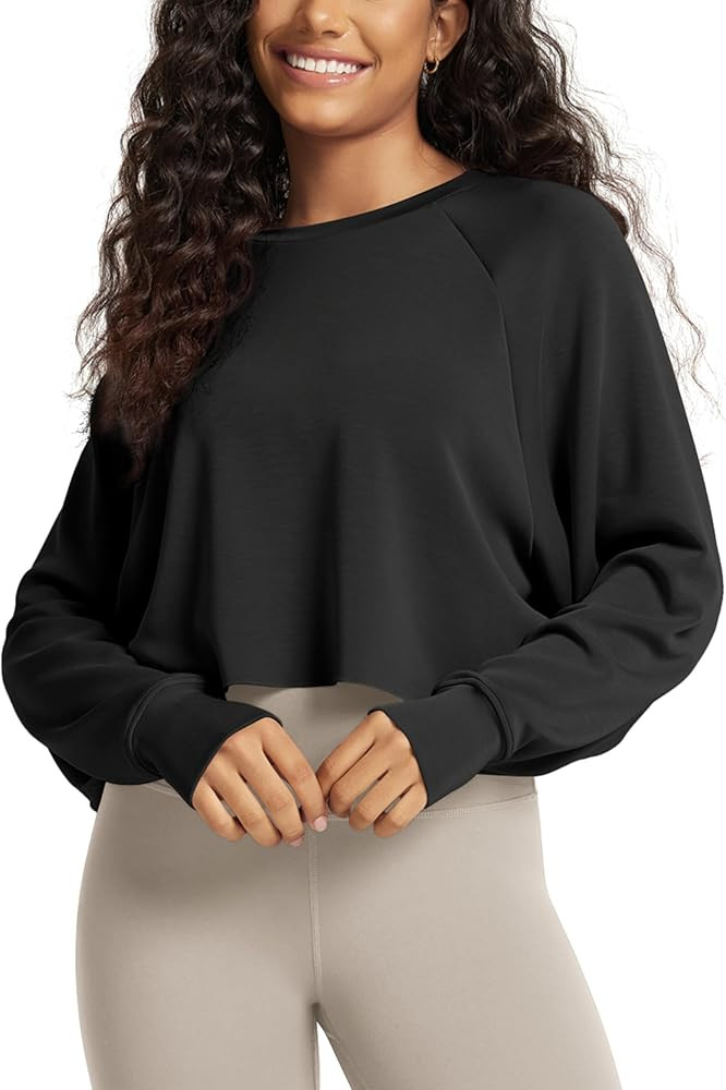 ODODOS Modal Soft Long Sleeve Cropped Sweatshirts with Thumb Hole for Women Crew Neck Pullover Cr... | Amazon (US)