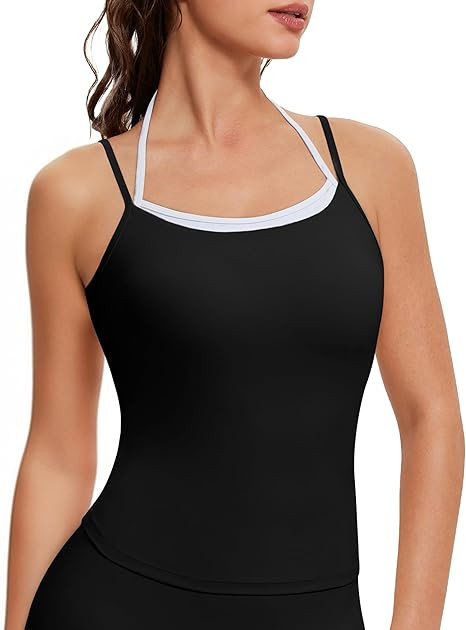 OMKAGI Halter Workout Tank Tops for Women Built in Bra Cute Layer Longline Sports Bras | Amazon (US)