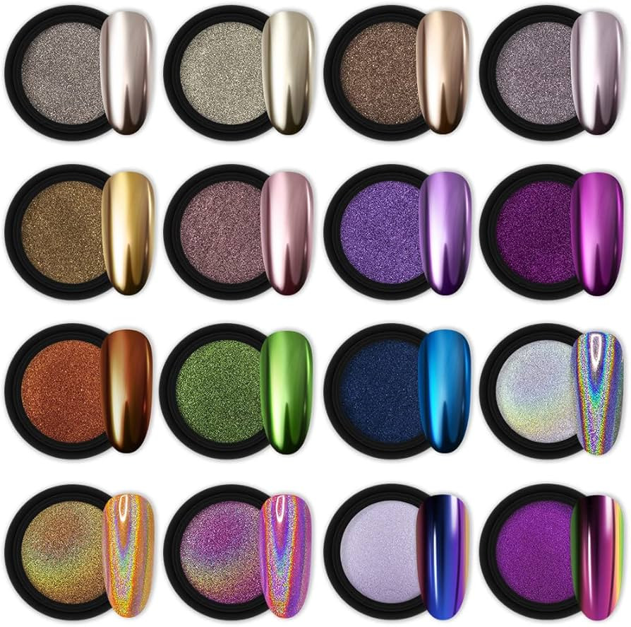 Artdone 16 Jars Chrome Nail Powder Nail Art Glitter Decoration Metallic Mirror Effect Holographic... | Amazon (US)