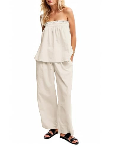 Lenader Women Summer Outfits 2 Piece Set Strapless Tube Top and Wide Leg Pants lounge Set Relaxed Off Shoulder Top Pants Set | Amazon (US)