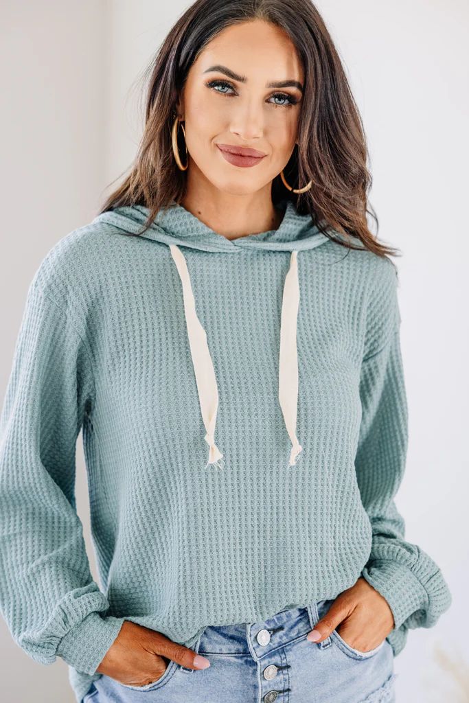 Stay In Contact Teal Blue Waffle Knit Hoodie | The Mint Julep Boutique