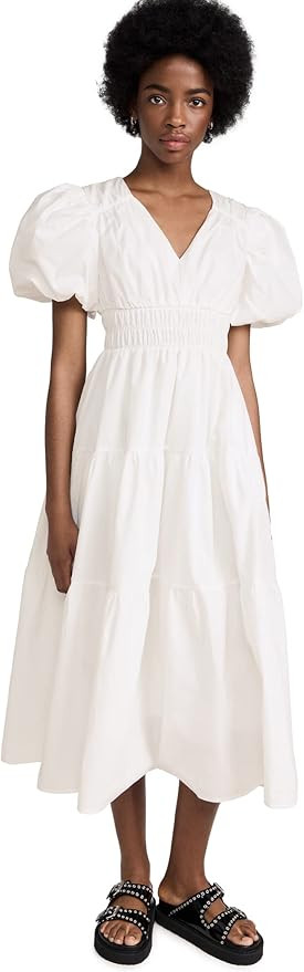 MOON RIVER Women's V Neck Short Bubble Sleeve Midi Dress | Amazon (US)