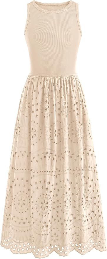 dowerme Women Summer Dresses 2026 Casual Sleeveless Crewneck A-Line Boho Lace Eyelet Cotton Tank ... | Amazon (US)