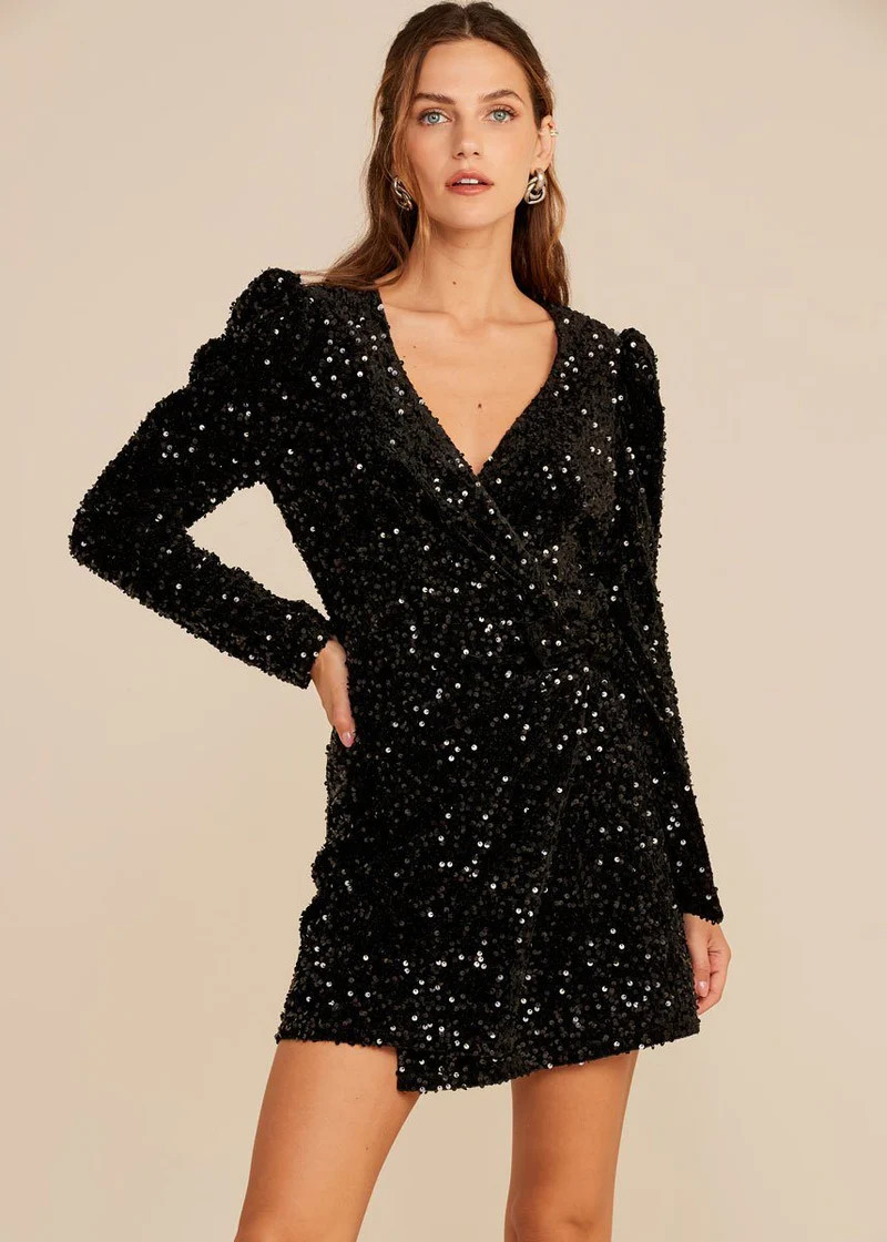 Serena Sequin Wrap Dress - Black | Alice & Wonder