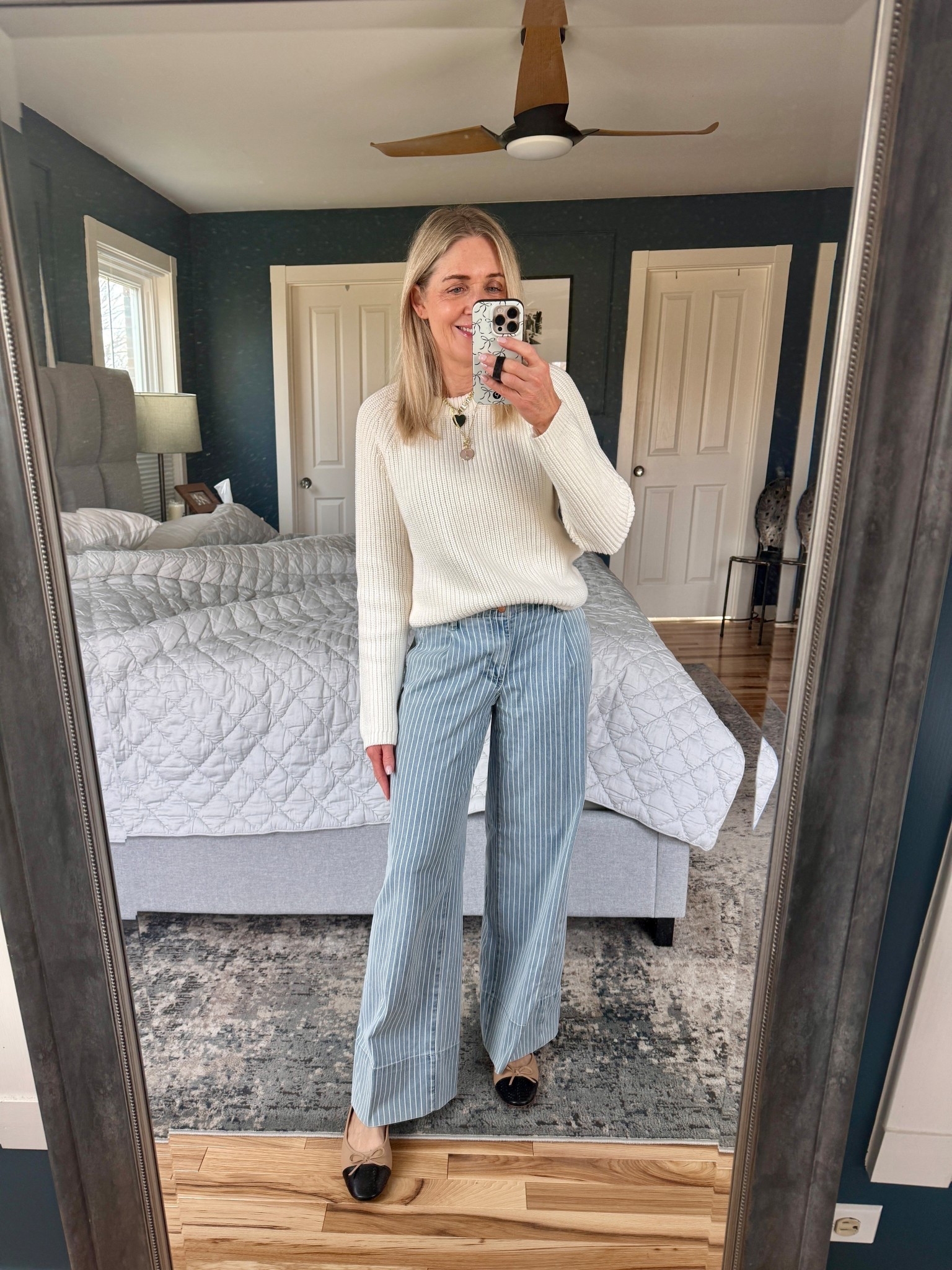 Everyday spring outfit with Quince fisherman sweater size S and NYDJ Simone striped trouser jeans size 00. 

Spring outfits 2026, work outfit, business casual outfit, fashion over 40, fashion over 50, affordable outfit, spring denim, striped denim, spring style inspo

#LTKootd #LTKgrwm #LTKOver40