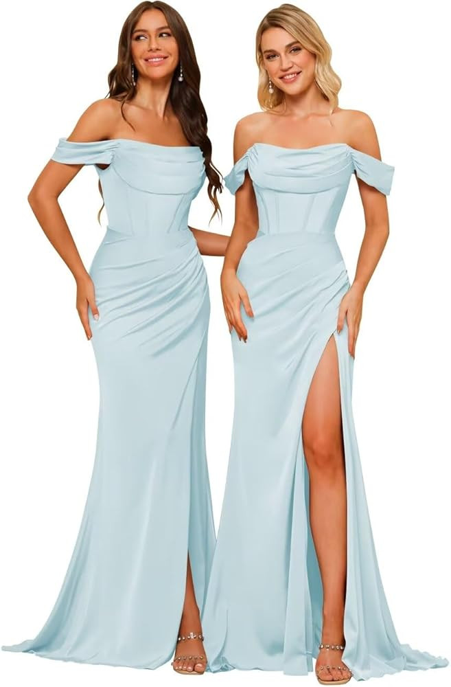 Off Shoulder Bridesmaid Dresses Satin for Women 2024 Ball Gown Mermaid Pleated Corset Prom Dress ... | Amazon (US)