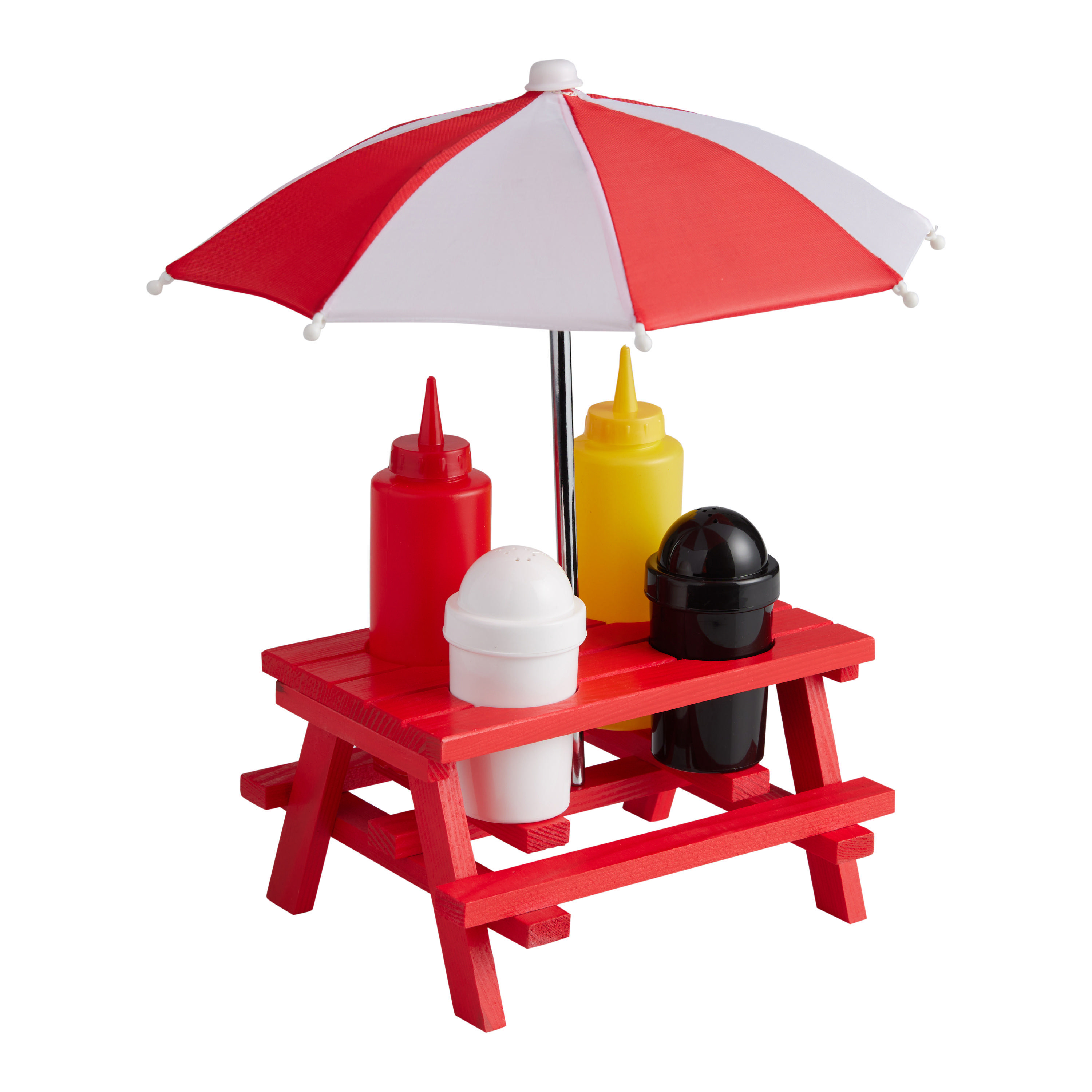Mini Red Picnic Table with Umbrella BBQ Condiment Set | World Market