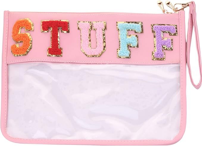 Multi-purpose Chenille Letters Patch Pouch Clear Handbag PU Cosmetic Bag with Wrist Strap,Makeup ... | Amazon (US)