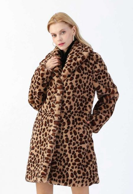Brown Leopard Faux Fur Longline Coat with Collar | Chicwish