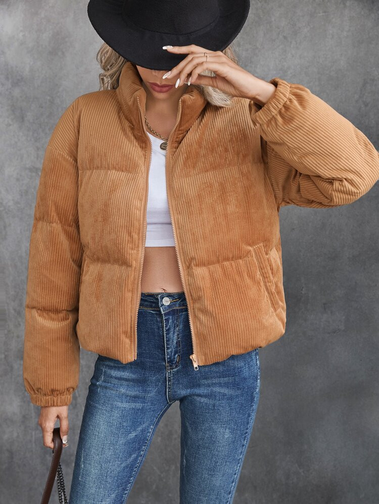 Zip Up Corduroy Down Coat | SHEIN