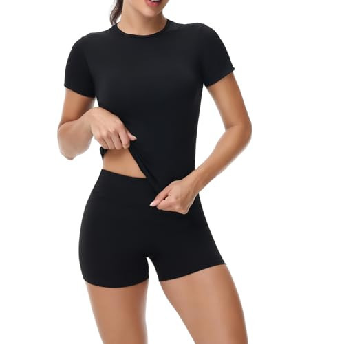 Gym Yoga 2 Piece Sets Outfits for Women Basic Short Sleeve Tube Tank Tops Athletic Shorts Workout Matching Lounge Active Wear Sweatsuits Tracksuit Athleisure Cute Comfy Trendy Clothes Summer Black M | Amazon (US)