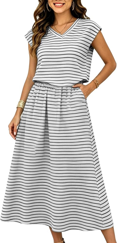 HangNiFang Striped Two Piece Maxi Skirt Set for Women V Neck Cap Sleeve Summer Dress Set Outfits ... | Amazon (US)