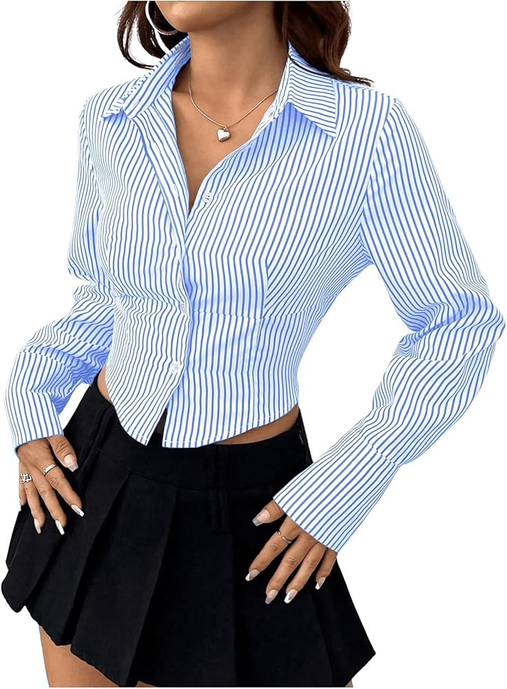 SweatyRocks Women's Striped Button Down Blouses Collar Slim Fit Long Sleeve Crop Tops | Amazon (US)