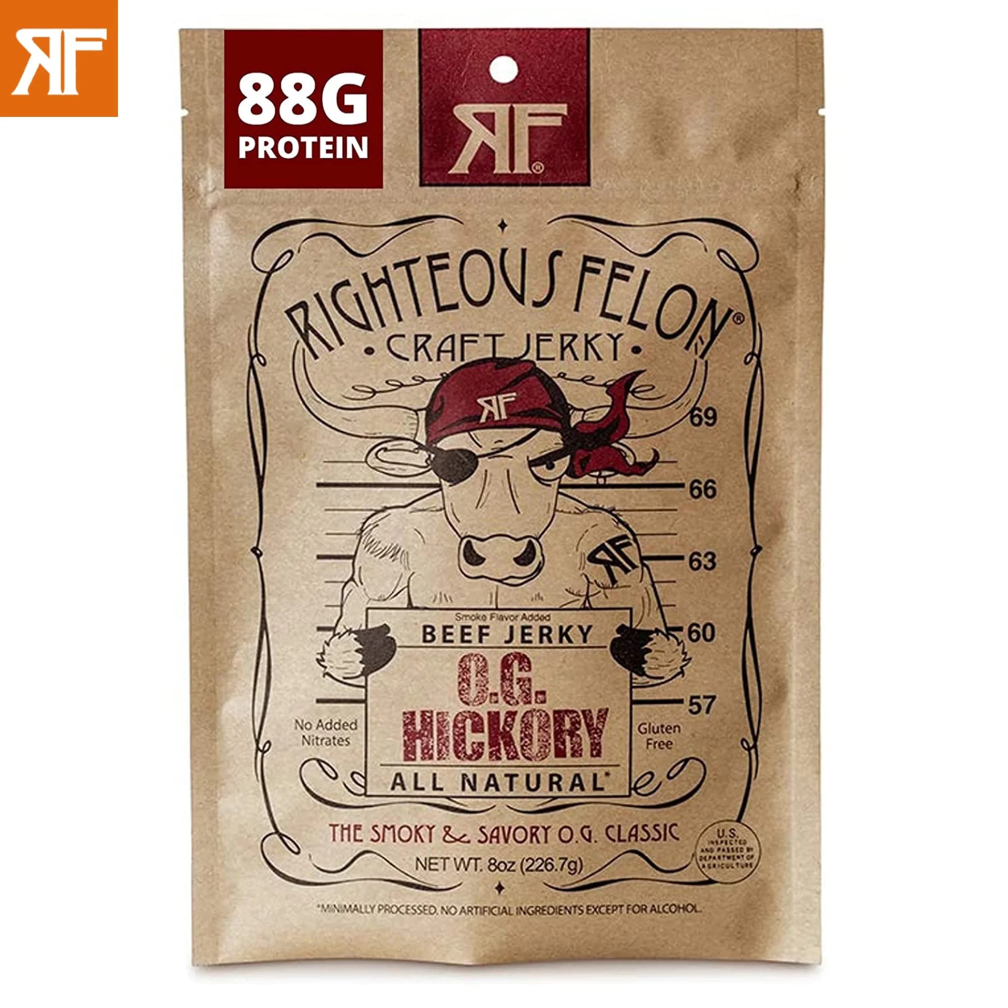 Righteous Felon Beef Jerky OG Hickory Flavor Low Calorie High Protein Healthy Snacks 1 pack 8oz | Walmart (US)