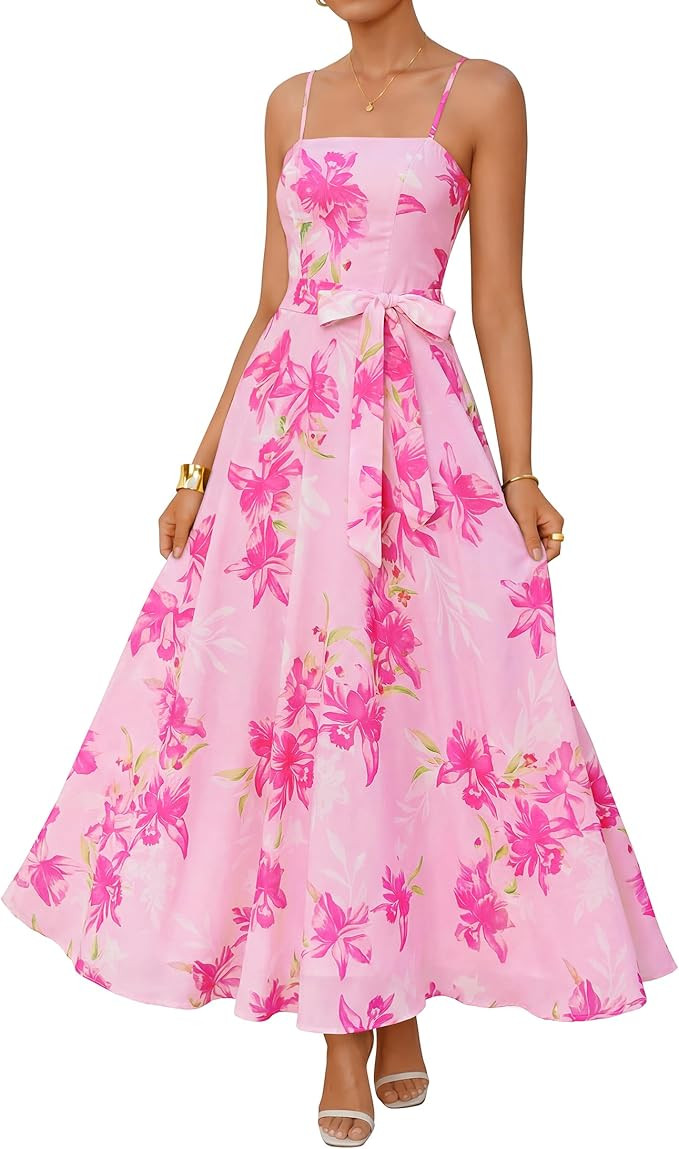 ZESICA Women's Summer Floral Maxi Dresses 2026 Sleeveless Spaghetti Straps A Line Flowy Wedding G... | Amazon (US)