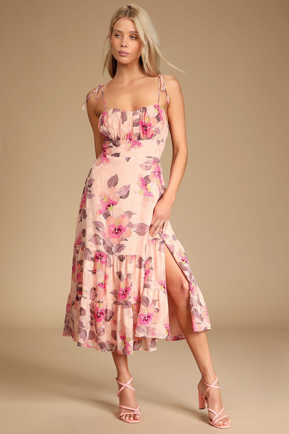 Tea Party Chic Pink Floral Print Tie-Strap Tiered Midi Dress | Lulus (US)