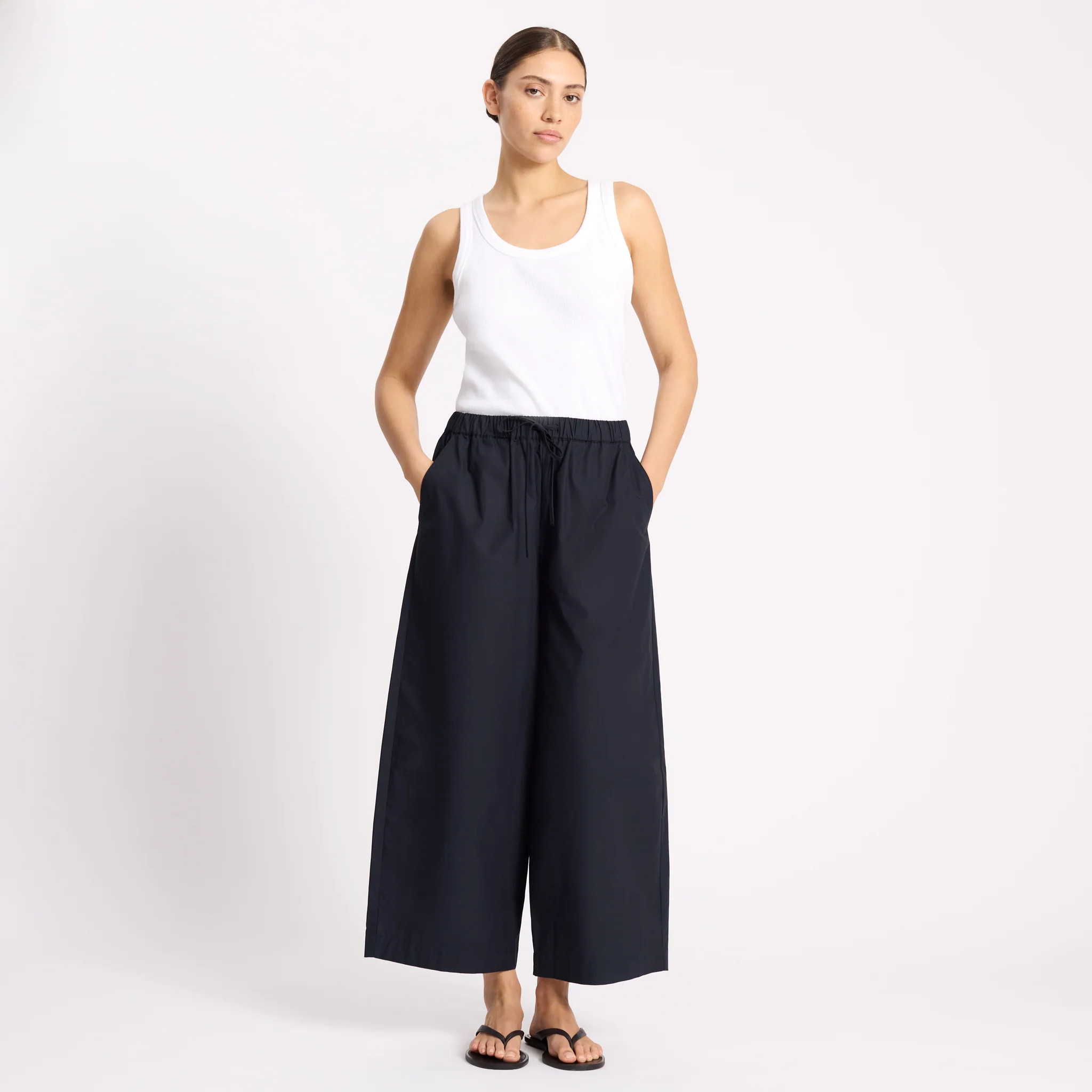 Navy Cotton Drawstring Barrel Leg Trouser | Albaray