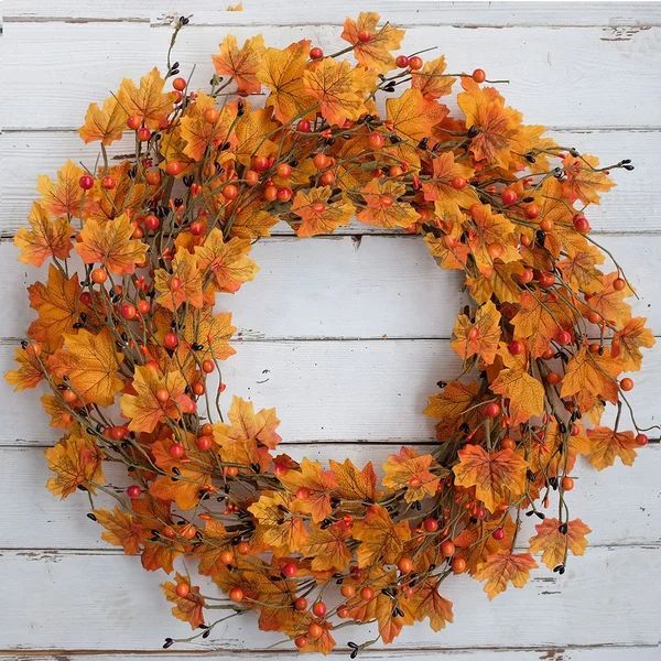 20 Inch Autumn Wreath Artificial Maple Leaves Wreath With Berries Fall Harvest Thanksgiving Hallo... | Wayfair North America