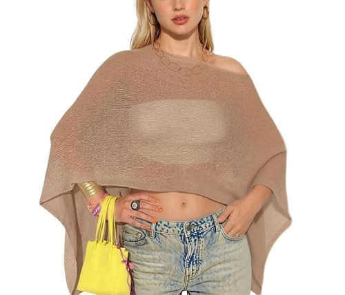 Women Sheer Poncho Top Lightweight Knit Crochet Shrug Bolero Mesh Batwing Sleeve Sweater Cover Up Beachwear | Amazon (US)