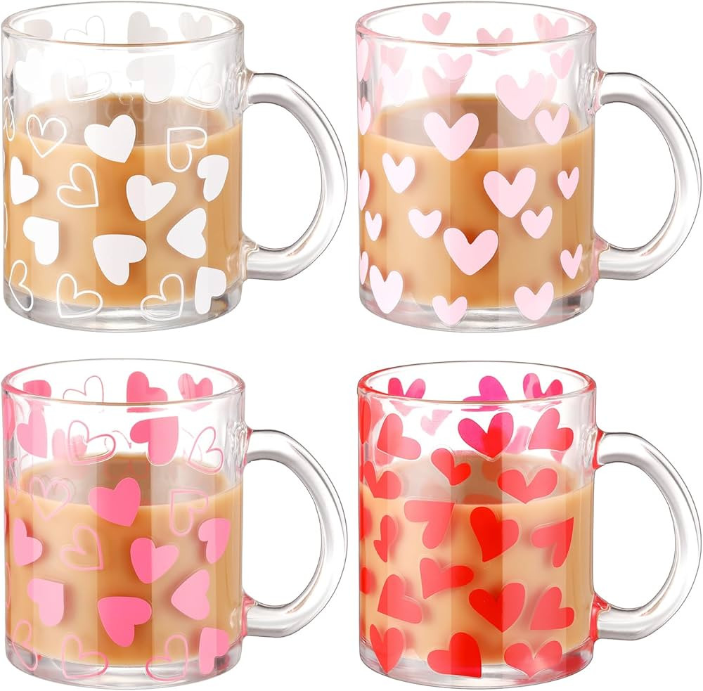 Tioncy 4 Pcs Valentine's Day Heart Coffee Mugs 12 oz Heart Glass Cups with Handle Love Heart Coff... | Amazon (US)