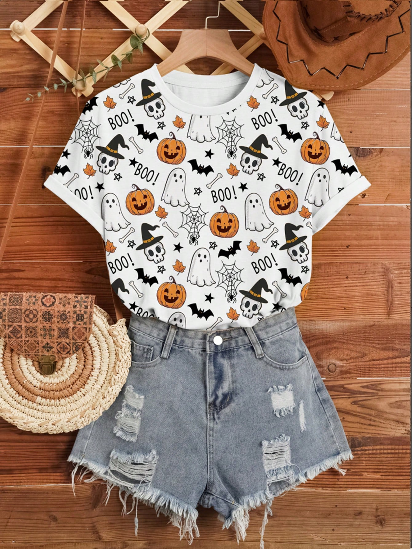 SHEIN LUNE Women's Summer Pumpkin Print Crewneck Short Sleeve Casual Halloween T-Shirt | SHEIN