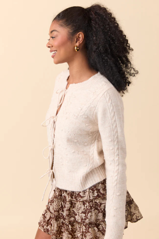 Everly Light Beige Front Ties Textured Knit Cardigan SALE | Pink Lily