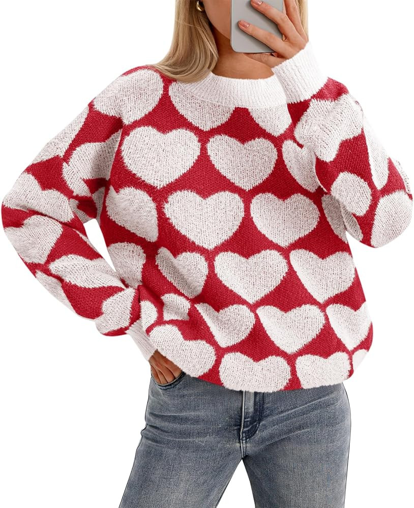 Saodimallsu Womens Heart Sweaters Valentines Fuzzy Knit Crewneck Cute Loose Sweaters | Amazon (US)