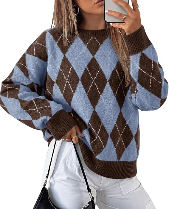 Tankaneo Womens Oversized Sweaters Long Sleeve Argyle Plaid Trendy Casual Fall Lightweight Knit P... | Amazon (US)