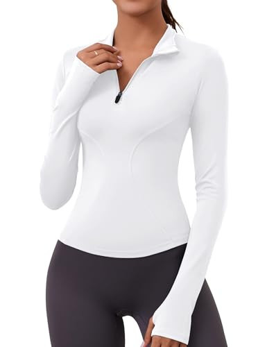 LOMON Thermal Shirts for Women Long Sleeve Mock Neck Fleece Tops 1/4 Quarter Zip Running Workout Cold Weather Gear with Thumb Holes(White,XS) | Amazon (US)