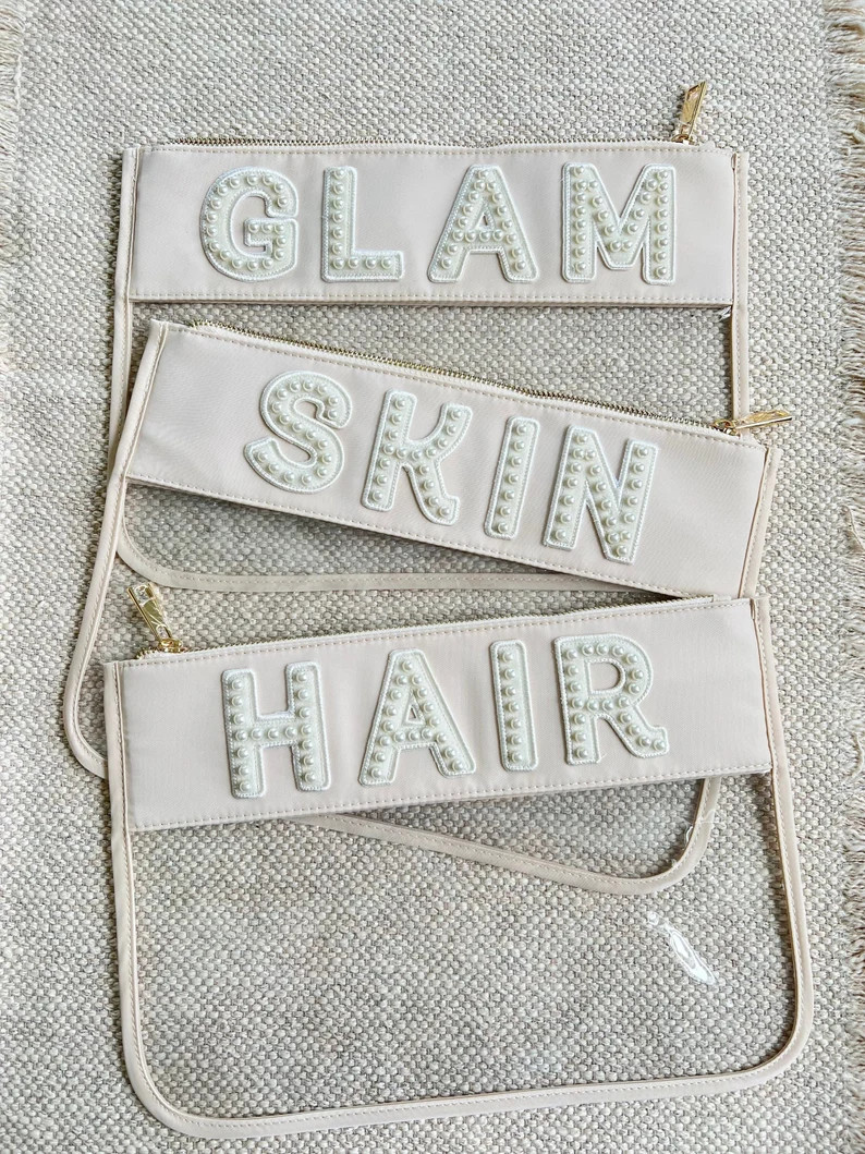 Clear Pouch with Patches, Pearls Letter Patch, Bridesmaid proposal Gift, Makeup Bag, Glam, Hair a... | Etsy (US)