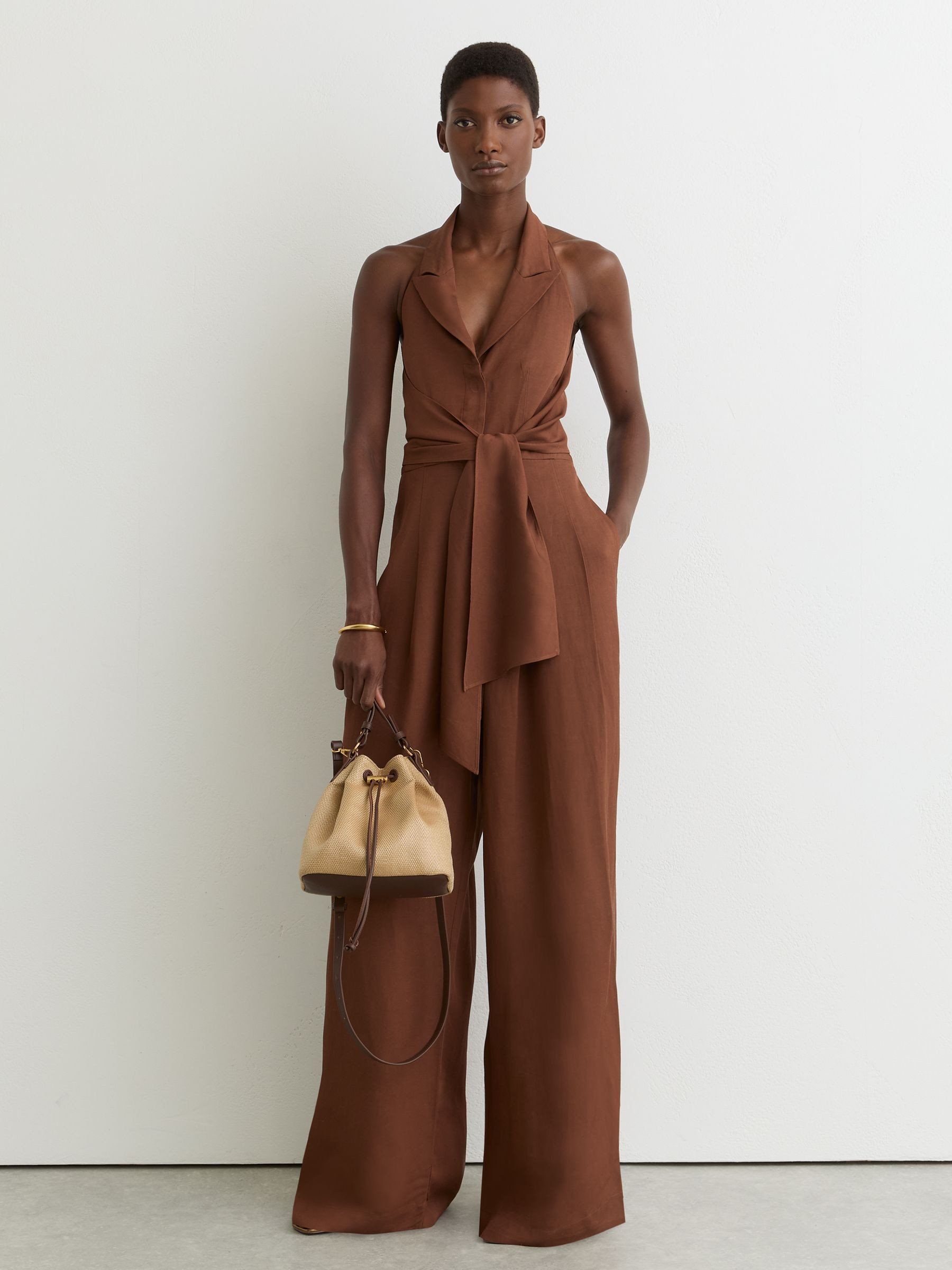Reiss Tie-Front Wide-Leg Jumpsuit with Linen in Rust Orange - REISS | Reiss UK