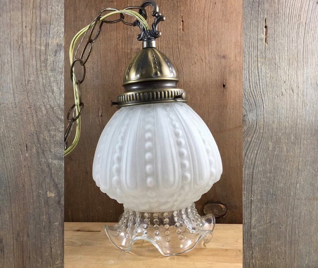 Swag Lamp — Pendant Lighting — Antique Frosted Glass Floral Globe — Vintage Hollywood Regen... | Etsy (US)