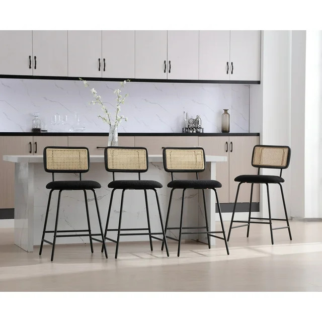 Dayalane 26" Rattan Bar Stools Set of 4, Modern Sherpa Counter Height Barstools with Cane Back, K... | Walmart (US)