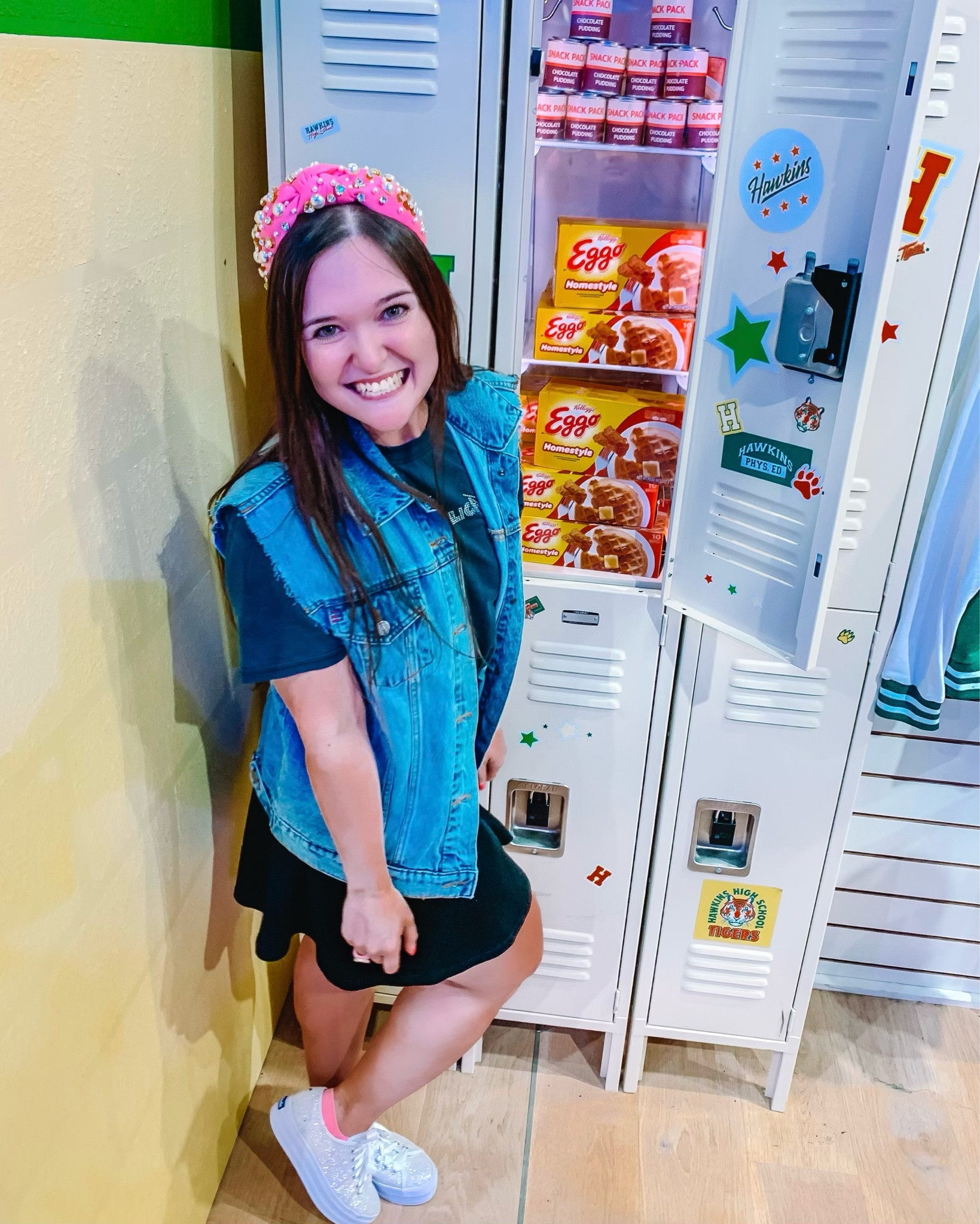 Happy Hallow-eek! (The week before Halloween 😉) This 80s-inspired oversized denim vest is perfect for a Billy costume! 😂 Not the character from Stranger Things I expected to visit the Stranger Things Store dressed as, but it’s what I had in my closet so I worked with it! 
•
Last-minute costume | 1980s | retro style | costume ideas | denim vest | grunge | neon pink | pop of pink | top knot headband | embellished headband | skater skirt | sparkly sneakers | platform sneakers | girly style | feminine 

#LTKsalealert #LTKshoecrush #LTKSeasonal
