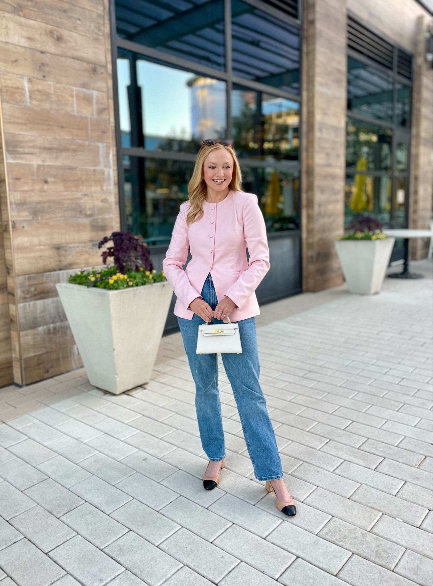 Casual date night Valentine’s Day idea! Wearing an XXS in the top and 26S in jeans | blazer op, pink blazer, straight jeans, straight denim, petite jeans, spring outfit 

#LTKStyleTip #LTKSeasonal #LTKMostLoved