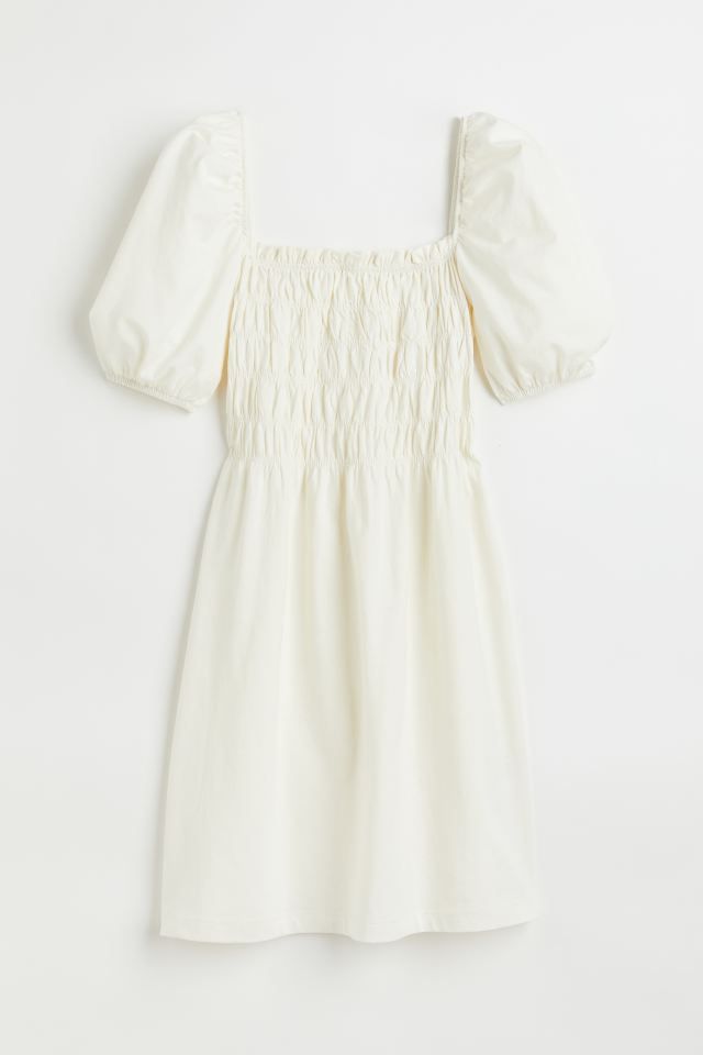 Short dress in soft cotton jersey with a smocked bodice. Square neckline at front and back, short... | H&M (US + CA)