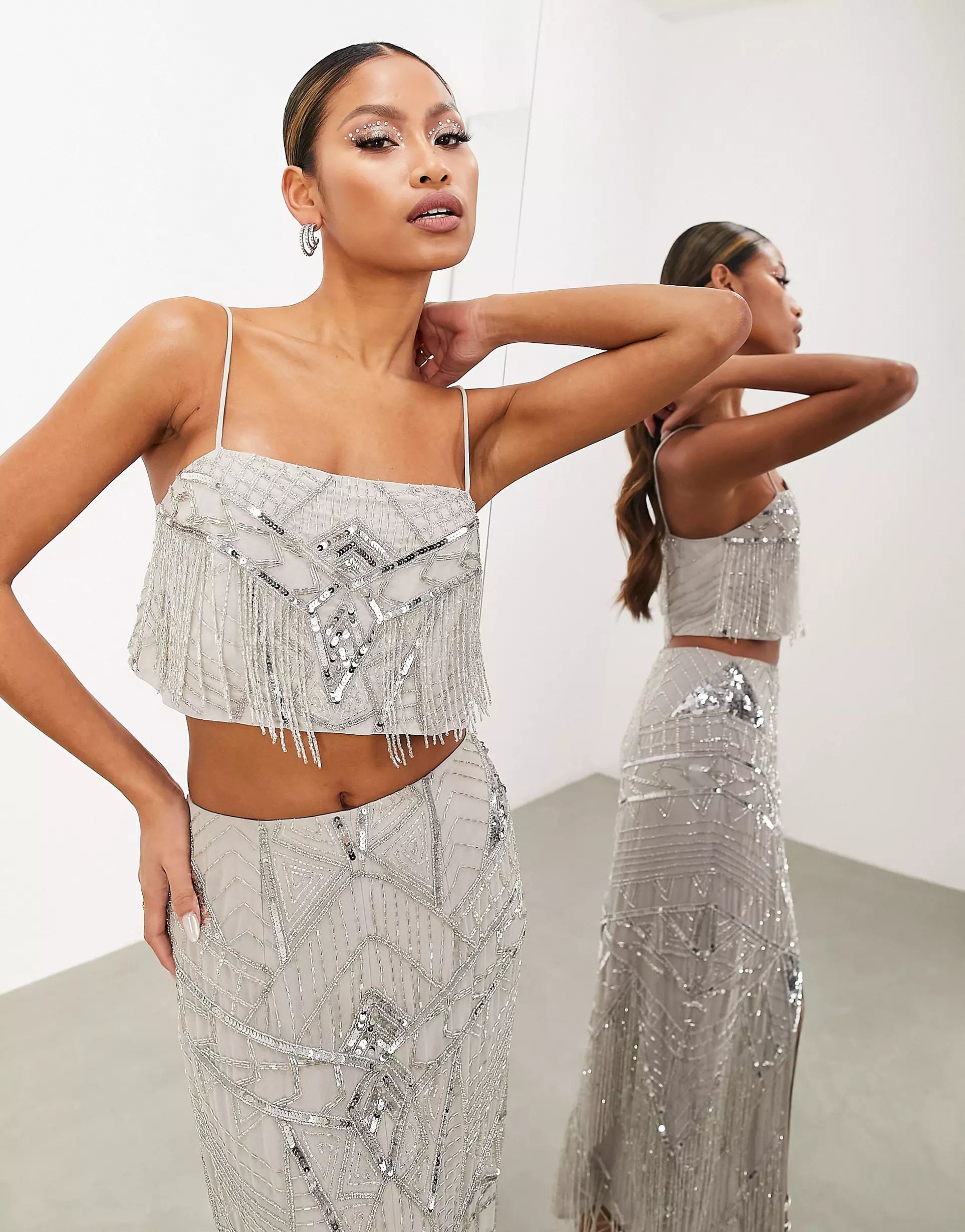 ASOS Edition sequin and fringe artwork cami top in pale gray | ASOS (Global)