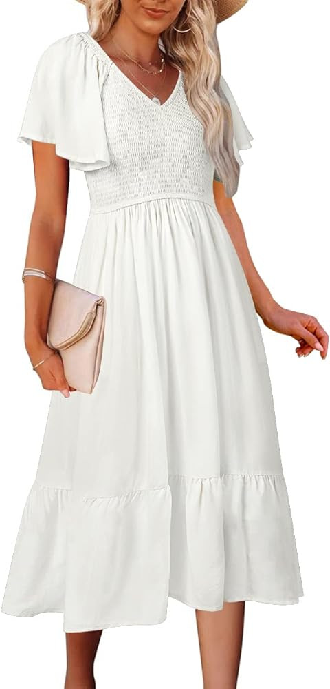 MEROKEETY Women's Summer Casual V Neck Ruffle Sleeve Smocked High Waist Midi Dress with Pockets | Amazon (US)