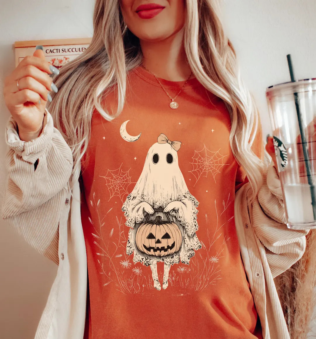 Comfort Colors® Halloween Lace Ghost T Shirt Spooky Coquette T-shirt Girly Ghost Orange Bow T Sh... | Etsy (US)