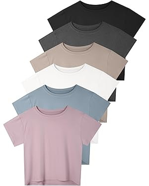 6 Pack Women's Crop Top Short Sleeve Athletic Workout Yoga Running Gym Casual Tees T-Shirts Loose... | Amazon (US)