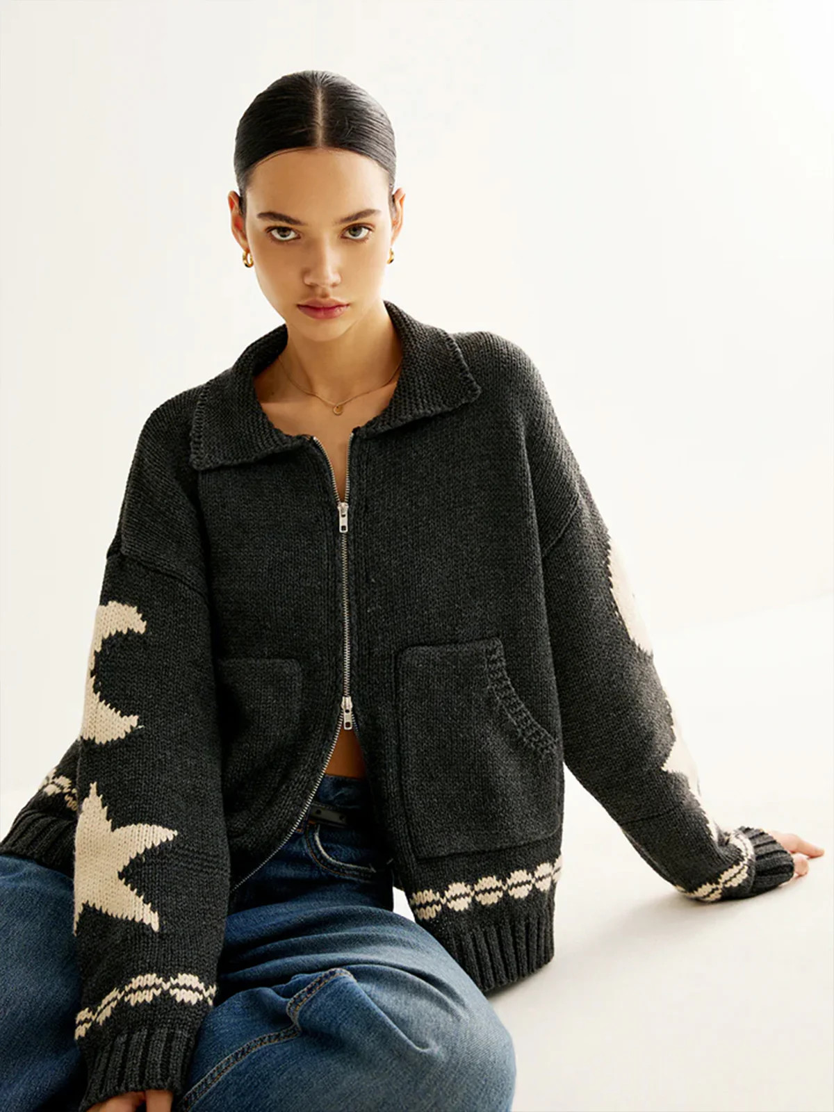 Double-Zip Pockets Lapel Cardigan | Commense