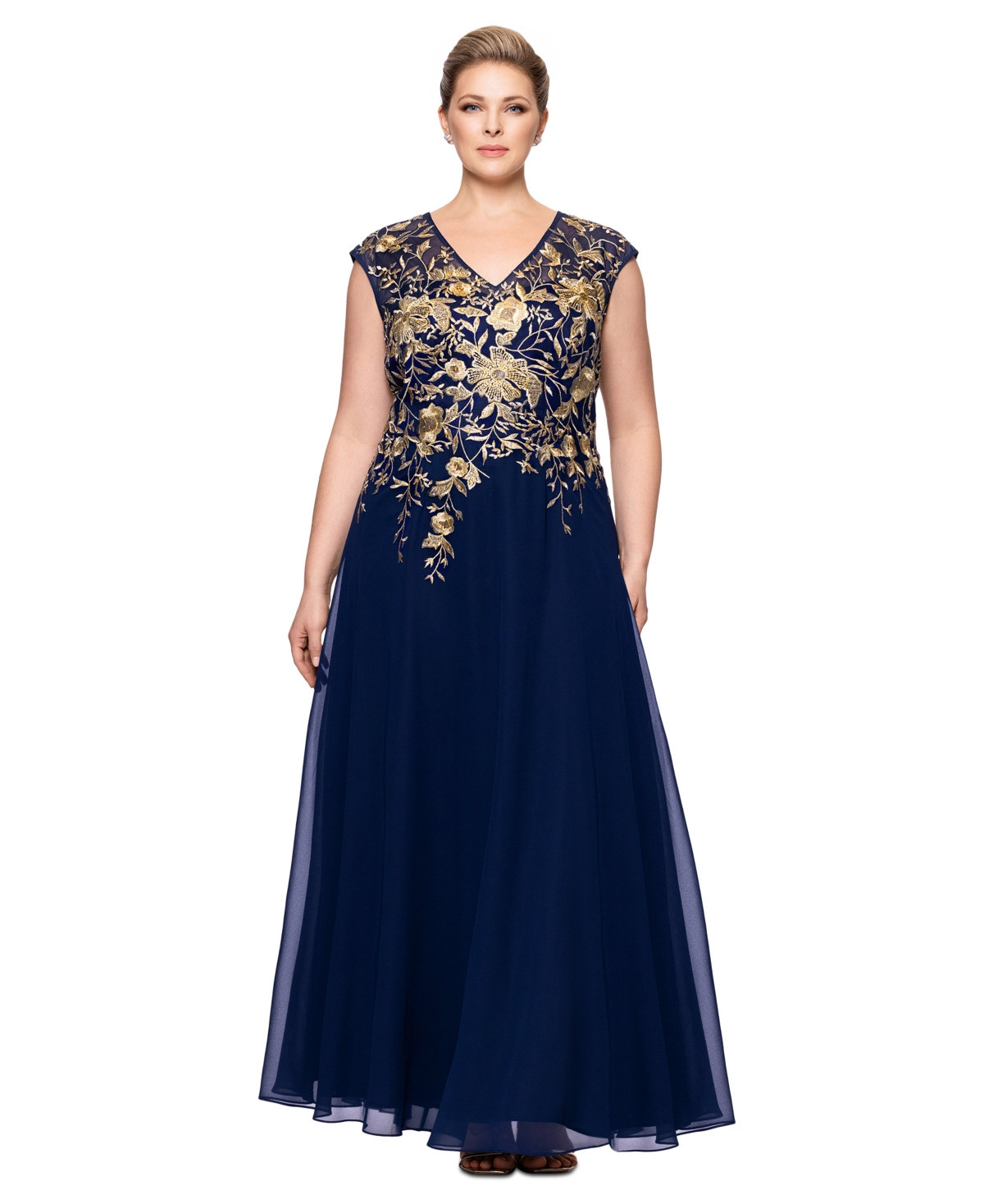 Betsy & Adam Plus Size Metallic-Embroidered A-Line Gown - Navy/Gold | Macy's