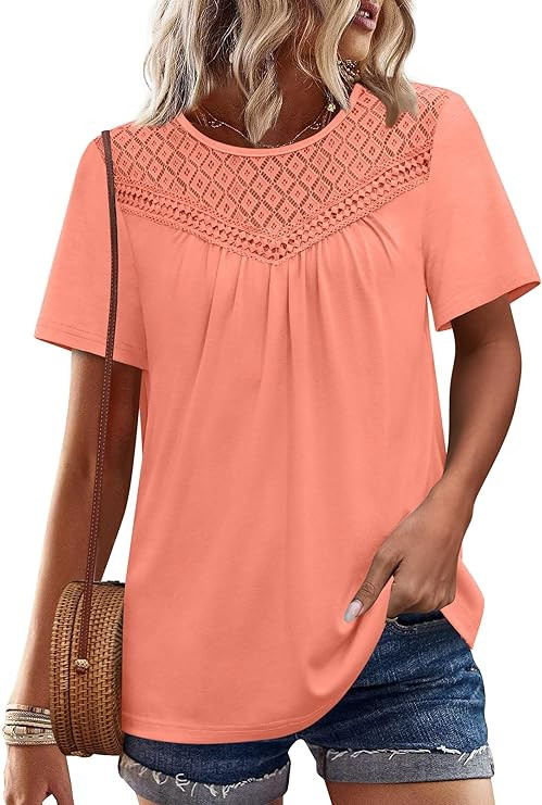 WIHOLL Womens Tops Short Sleeve Lace Shirts Summer Spring Tops Boho Trendy Beach Vacation Clothes... | Amazon (US)