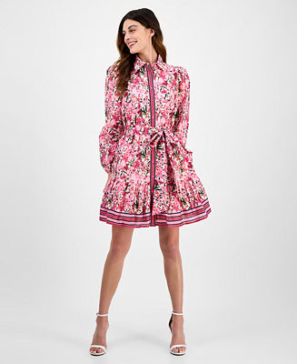 Anne Klein Women's Printed Long-Sleeve Belted Shirtdress - Macy's | Macy's