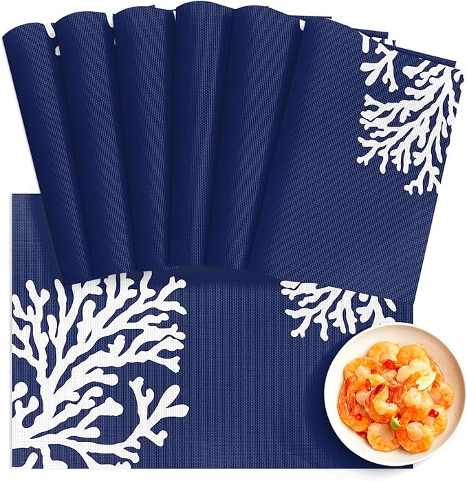 Coral Navy Blue Placemats Set of 6, Washable PVC Kitchen Table Mats, Nautical Coastal Ocean Theme... | Amazon (US)