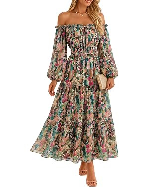 ZESICA Womens 2026 Fall Long Sleeve Floral Maxi Dress | Off Shoulder,Wedding Guest Chiffon Dress,... | Amazon (US)